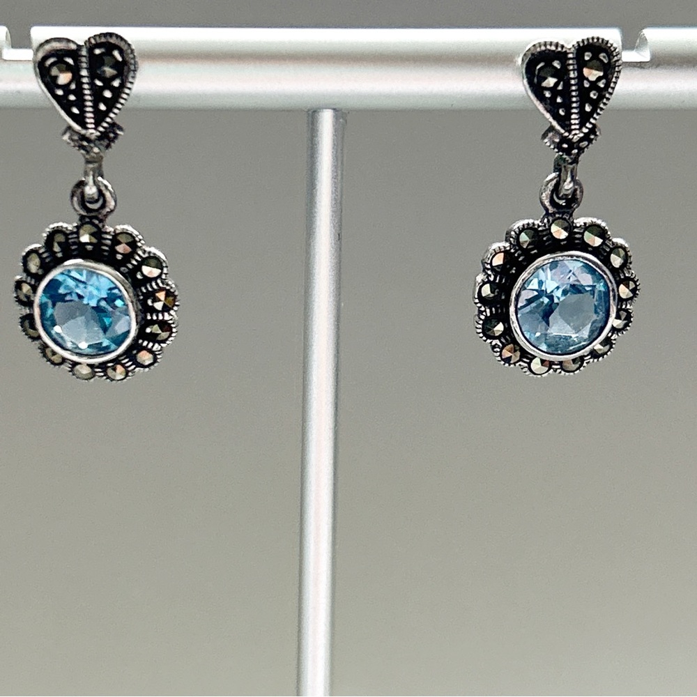 Vintage Blue Topaz Marcasite Dangling Flower Signed Sterling Silver Earrings - Picture 4 of 12